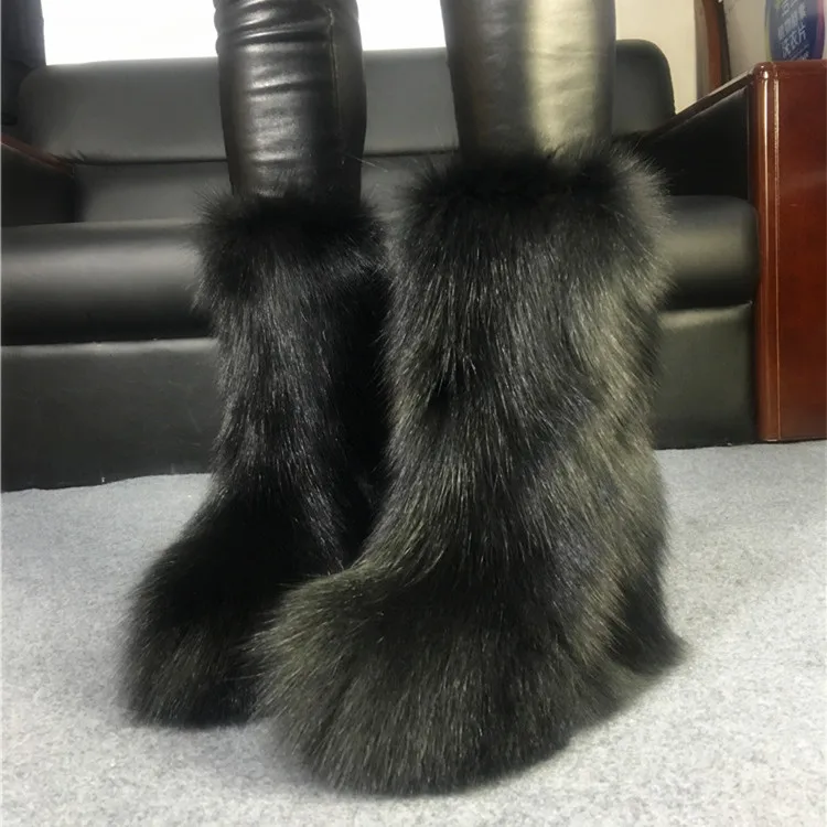 

2018 New Arrival Winter Handmade Black Fox Fur Snow Boots Eskimo Botas Female Boots Tube Warm Shoes