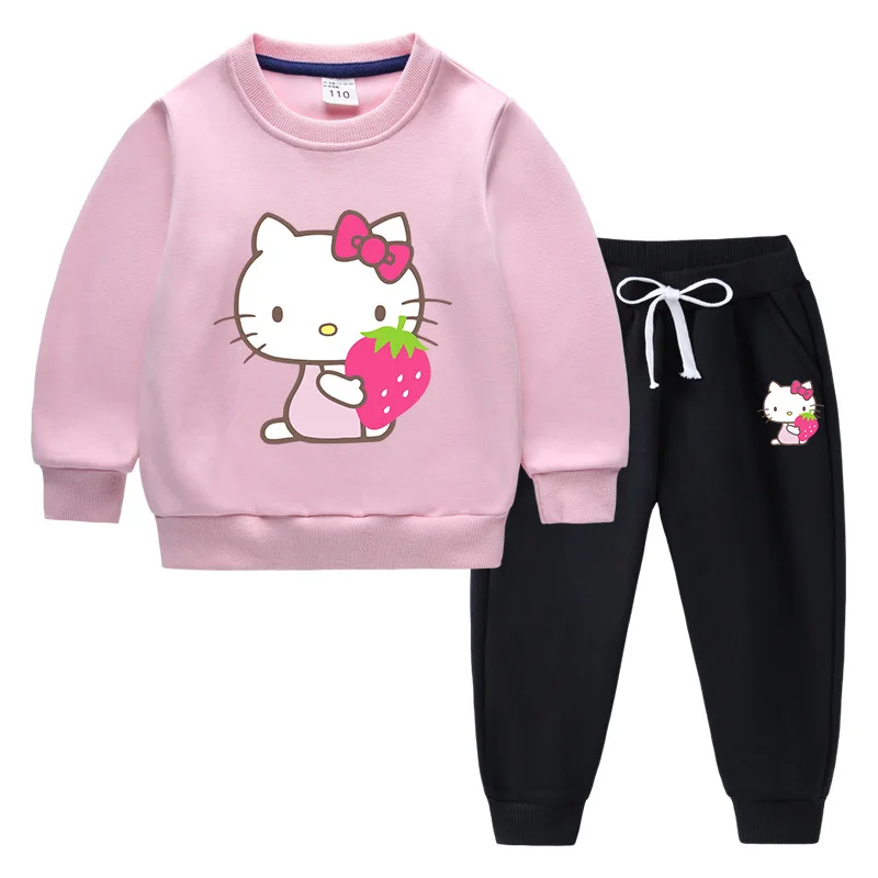 thumbnail image 1 of Hello Kitty estampado de dibujos animados niños más suéter de terciopelo pantalones gruesos cálidos para niños y niñas traje de manga larga de invierno para niños, 1 of 5