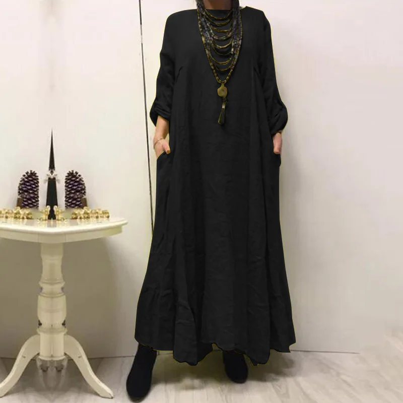 Womens Autumn Sundress ZANZEA 2020 Elegant Solid Maxi Dress Casual Long Sleeve Vestidos Female O Neck Robe Femme Plus Size 5XL