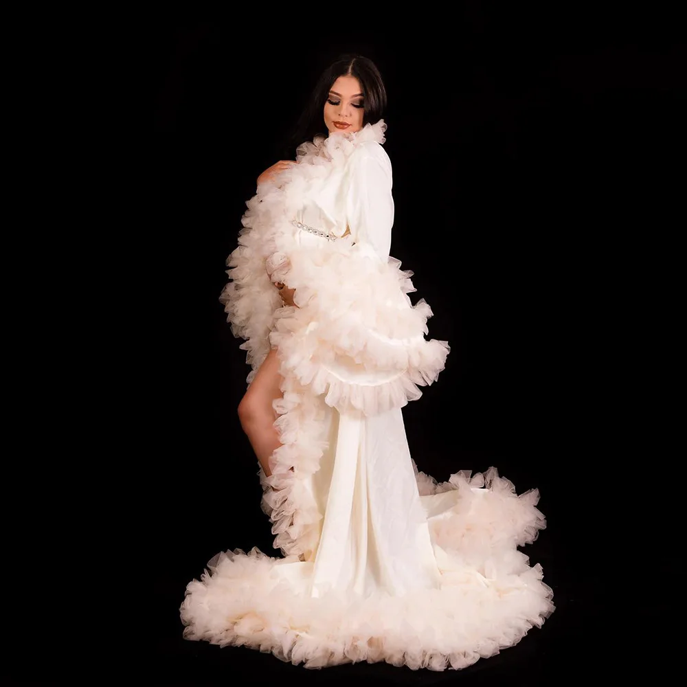 

Satin Long Sleeves Tulle Floral Autumn Maternity Dress Party Dress Pregnant Gown for Maternity Fotografia Prop Baby Shower Dress