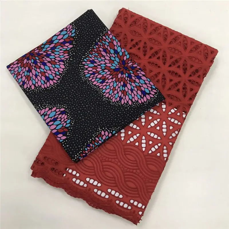 

Swiss voile lace with african wax prints fabric high quality cotton fabric sets wax match lace fabric sets 3+2 yards WJ30
