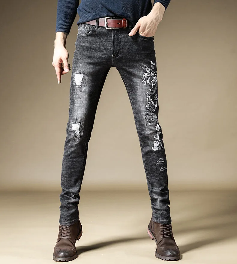 Новая мода, мужские джинсы, тонкие, Дырявые, черные, Мужские штаны, тонкие, традиционный китайский стиль, с вышивкой дракона, джинсы