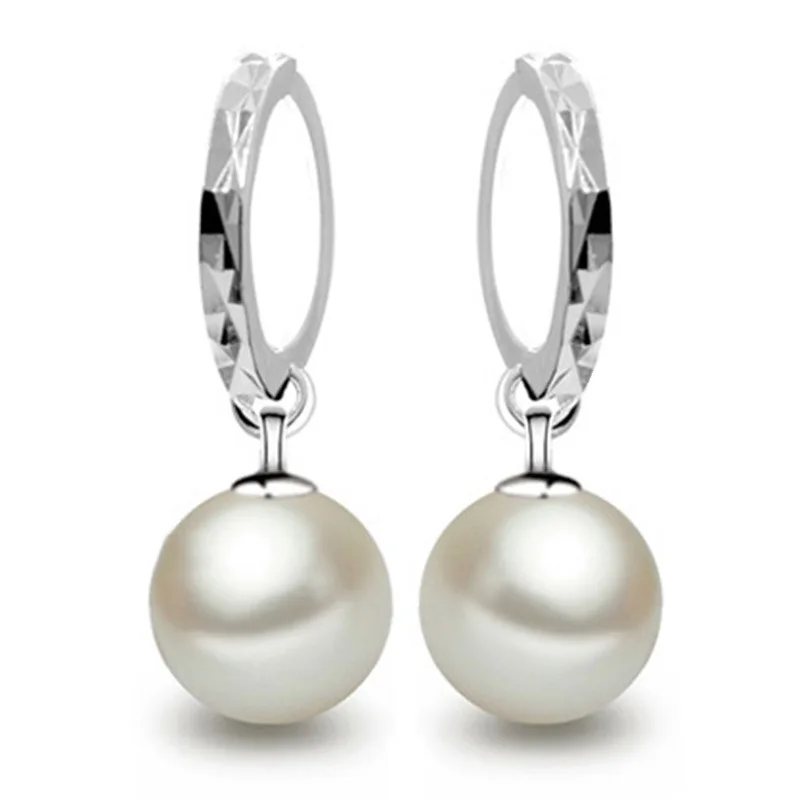 

Shiny Imitation Pearl Hoop Earrings White Gold Color Silver Plated Metal Faceted Circle Earings Small Round Earrings For Women
