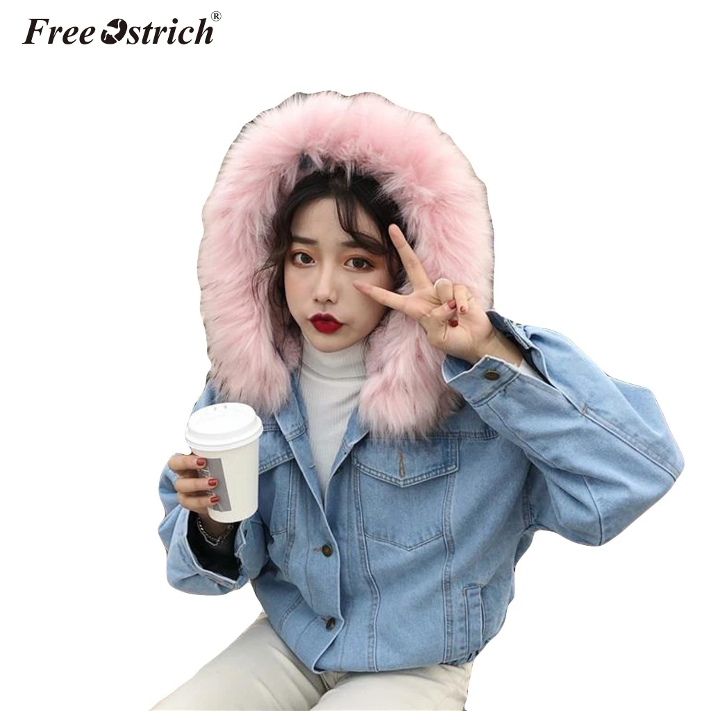 Most effective  Free Ostrich Women Jean Jacket Winter Thick Jean Jacket Faux Fur Collar Fleece Hooded Denim Coat Fe