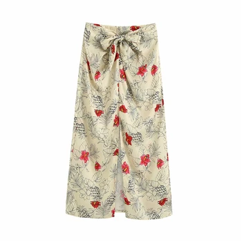 

Vintage women bow high waist skirts 2020 summer fashion ladies causal side slit skirt female floral print girls chic skirt