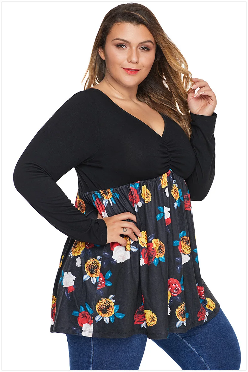 Lovelyfox, XL-5XL, длинный рукав, Babydoll, стильная футболка, высокая талия, размера плюс, туника для мамы, топы, модные, цветок, v-образный вырез, Длинная женская футболка