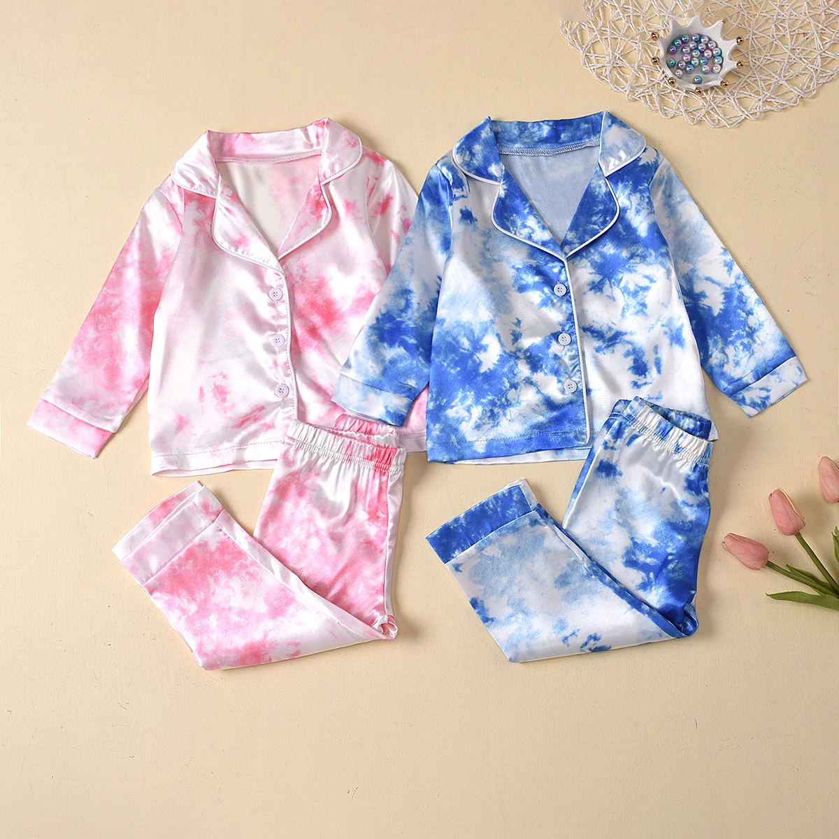 2Pcs Kids Pajama Set Tie-Dyed Print Long Sleeve Top+Elastic Loose Pants Sleepwear Suit for Little Girls Boys |