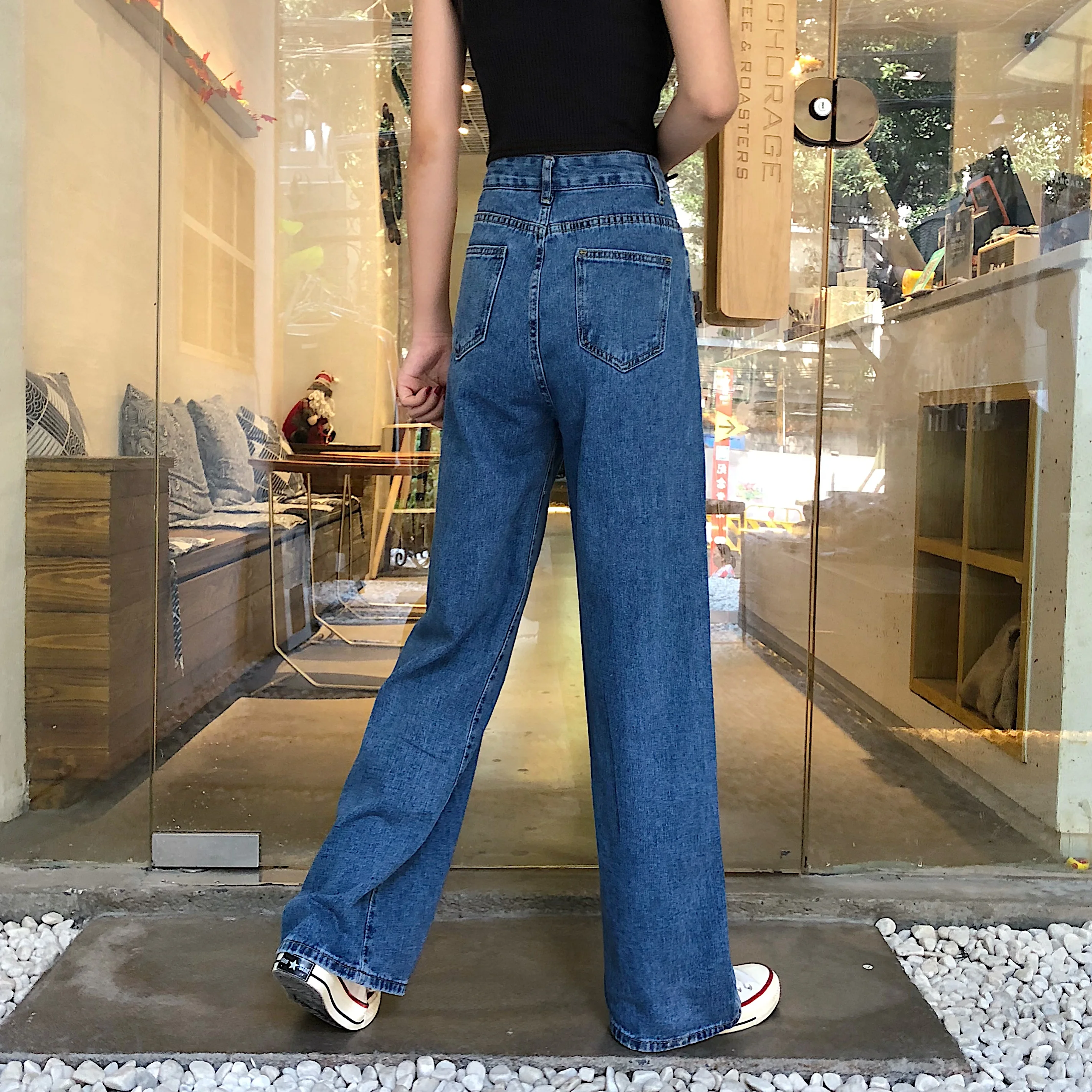 Женские джинсы, джинсовые длинные брюки, прямые, корейский стиль, с карманами, для женщин, с высокой талией, повседневные, свободные, для студентов, уличная одежда, Harajuku Chic