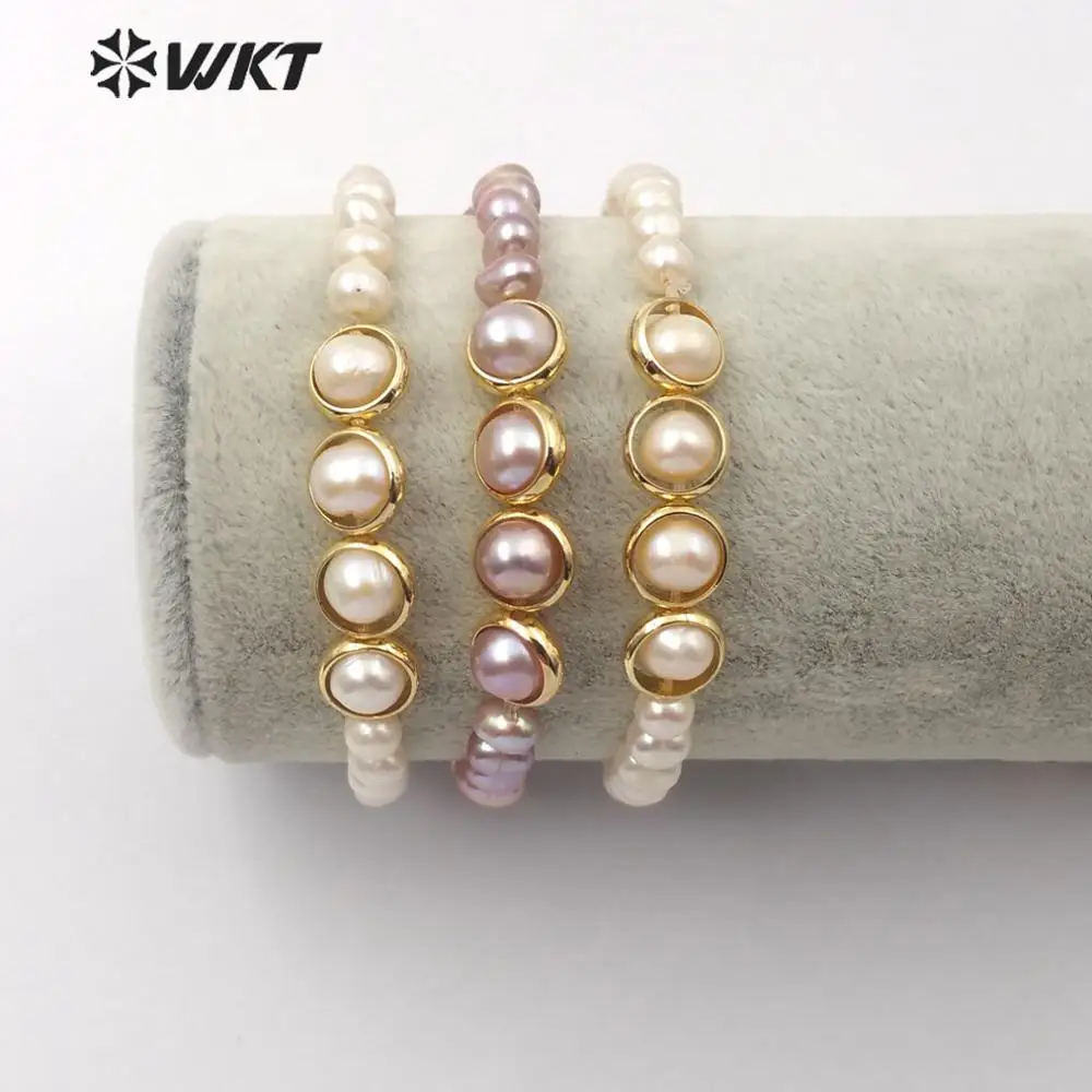 

WT-B497 Natural Freshwater Pearl Bracelet Yellow/Purple Pearl Bracelet With Gold Electroplated Ring Around the Pearl Bangle