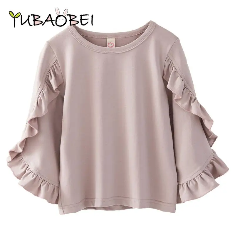 Spring Autumn Baby Girls Cotton Shirts Tops Kids Pink Long Ruffles Sleeve O-Neck Blouse Child Clothes Cute School T-shirt