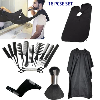 

16 pcs Male Hair Cutting Tools Beard Shape Comb Brush Suit Bath Waterproof Cloth Hair Dyeing Shawl Apron for Men