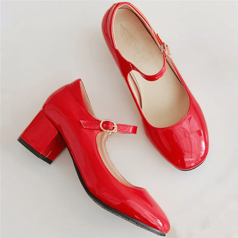 AGODOR Mary Jane Shoes for Women Block Heels Patent Leather Pumps Medium Heel Office Work Ladies 