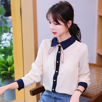

COIGARSAM Full Sleeve Shirt Womens tops New Spring Chiffon Loose Bow Belt Women shirts Apricot 8821