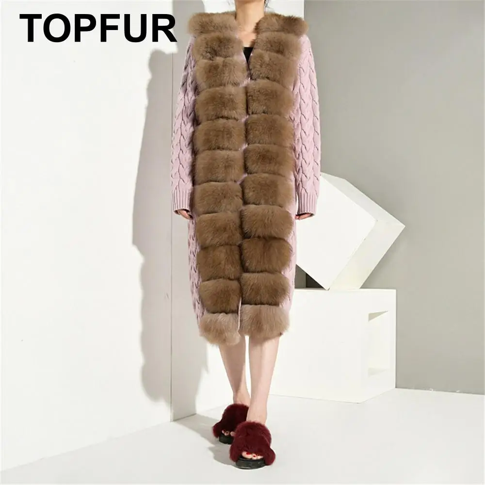 Женская вязаная Шуба с поясом TOPFUR розовая шуба из натурального коричневого меха