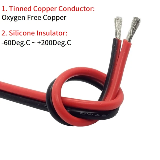 Copper Wire Silicone Rubber Cable Super Soft 8 10 12 14 16 18 20 22 24 26 AWG 2Pins Flexible DIY LED Lamp Connector Black Red 2