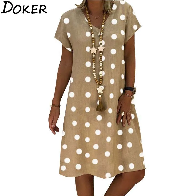 

Vintage 2020 New Summer Polka Dot Loose Midi Dress Women V-neck Short Sleeve Plus Size Elegant Dresses Beach Boho Casual Dress
