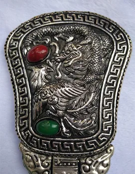 

Antique collection artwork inlaid with turquoise mahogany handle vanity mirror bronze mirror three years Guangxu