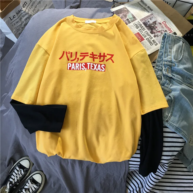 Женская футболка с буквенным принтом, Harajuku Kawaii Ulzzang, топы, уличная одежда, 2 штуки, клетчатые рукава, футболка для друзей, Femme