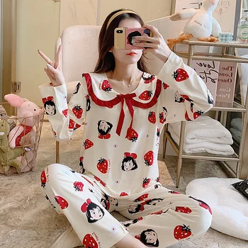 

Long Winter Pajama Sleep Lounge Sleeve Top + Long Pant Woman Pajama Set Cartoon Pyjamas Cotton Sleepwear Women