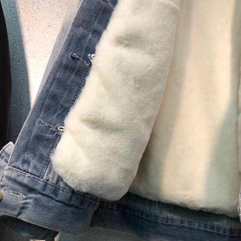 Разборная подкладка, зимнее джинсовое пальто для женщин, утолщенное натуральным лисьим мехом, джинсы с дырками, хлопковая куртка, стеганое зимнее пальто для женщин