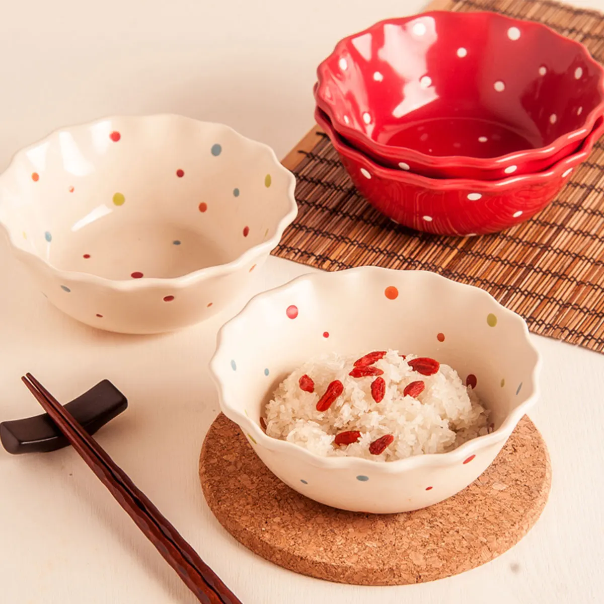 4PCS 6inch Cute polka dot salad bowl Ceramic Soup bowl Noodle bowl