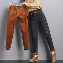 Inverno rendas até harem calças jeans feminino denim drawstring elástico quente mais veludo magro coreano baggy calças de brim engrossar senhoras