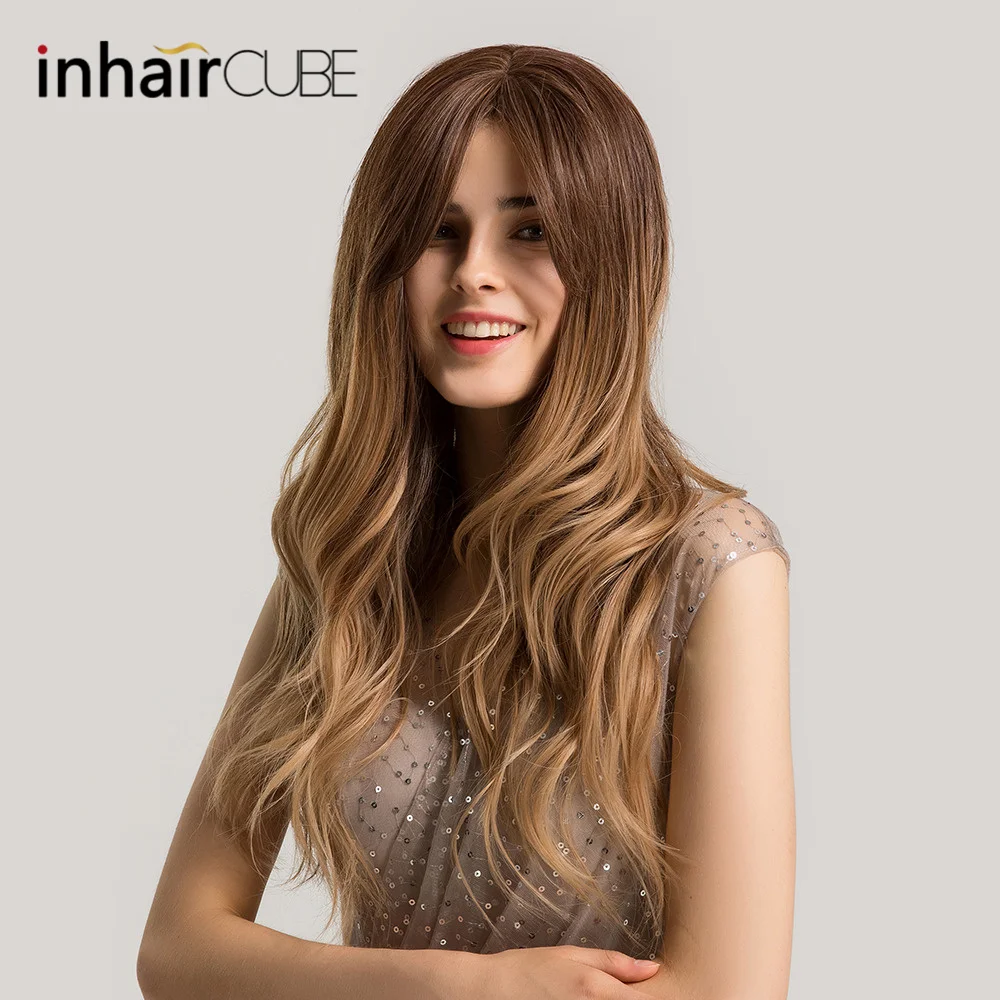 

Inhaircube Ombre Brown Blond Wigs For Women Synthetic Water Wavy Long with Bangs 24" Heat Resistant Fiber Free Shipping