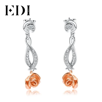 

EDI Romantic Series Real 925 Sterling Silver Drop Earrings Natural Gemstone Crystal Rose Flower Two Tone Earrings Gift For Women