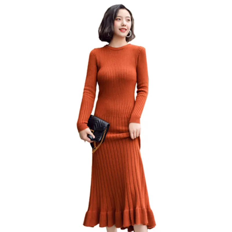 

High Quality 2019 Autumn Winter Long Knitting Dress Fashion Women Slim Thicken Warm Sweater Maxi Pullover Dress