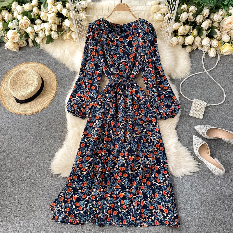 

Autumn And Winter French Floral Dress Women Temperament Round Neck Tie Waist Was Thin Retro Female