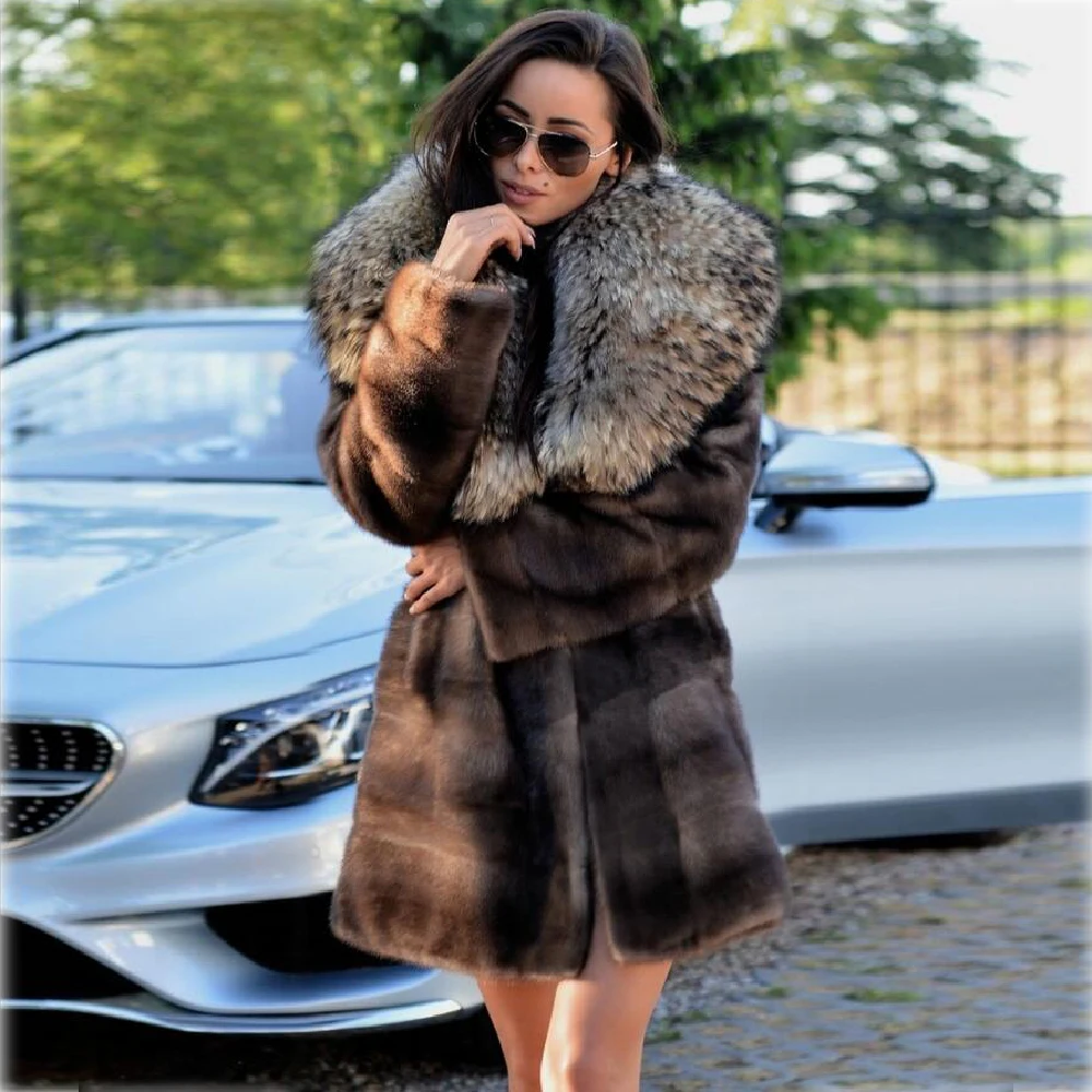 New Winter Real Mink Fur Coats Jacket With Big collar Women Genuine Full Pelt Winter Warm Elegant Female Coats - Цвет: 80cm long coffee