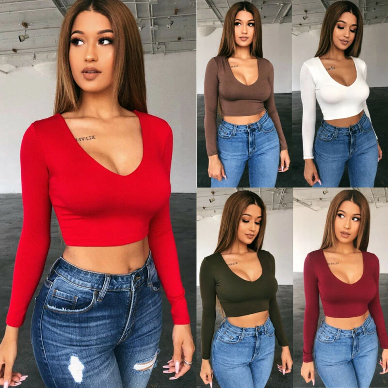 Women Casual Solid Color Long Sleeeve Crop Top  Fitness Sports Short T-shirts Brown Red White Wine Red Green white t shirt for men