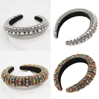 

Baroque Bohemian Wide Headband Full Colorful Faux Crystal Rhinestone Hair Hoop Handmade Thick Sponge Padded Prom Jewelry Crown