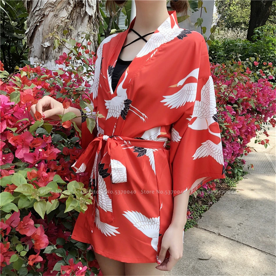 Летняя женская японская мода кардиган уличная кимоно Haori печать кран халаты Китайская традиционная юката пальто азиатская одежда