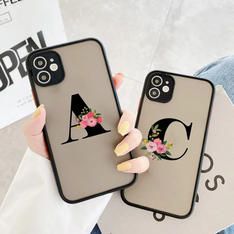 Elegant Black Letter Flower Matte Phone Case - Fashionable Protective Shell