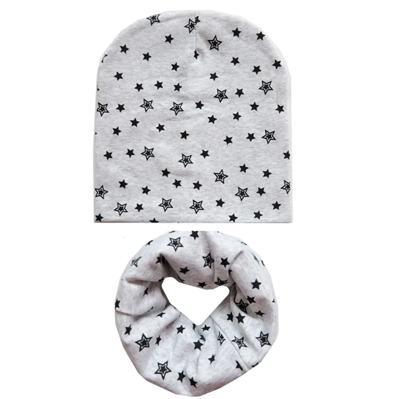 light gray star new Хлопковый Детский набор из шапки и шарфа с принтом «мороженое» и «любовь», хлопковые шапки для детей, шапка для новорожденных, детский шарф, воротник, Детский комплект шапок для девочек и мальчиков - Цвет: light gray star new
