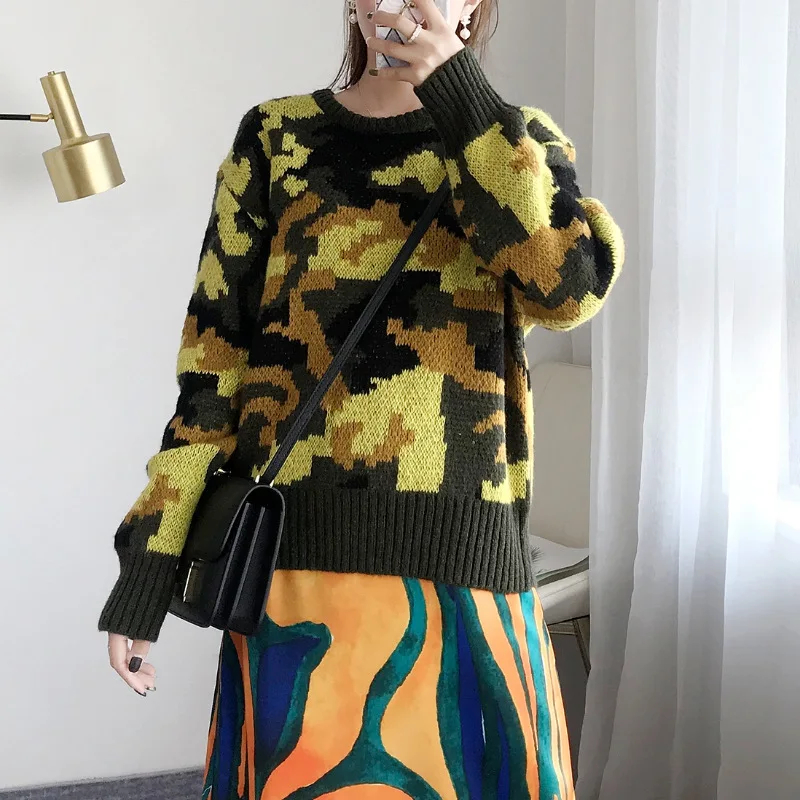 

Green Camouflage Loose Sweaters Autumn and Winter New Style Color Casual All-in-one Knitting Sweater Women 2019