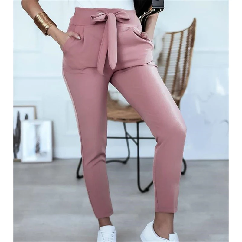 

England Style Women Summer Solid Color Pencil Pants Bandage Design Pockets Decor High Waist Slim Hips Trousers for Streetwear