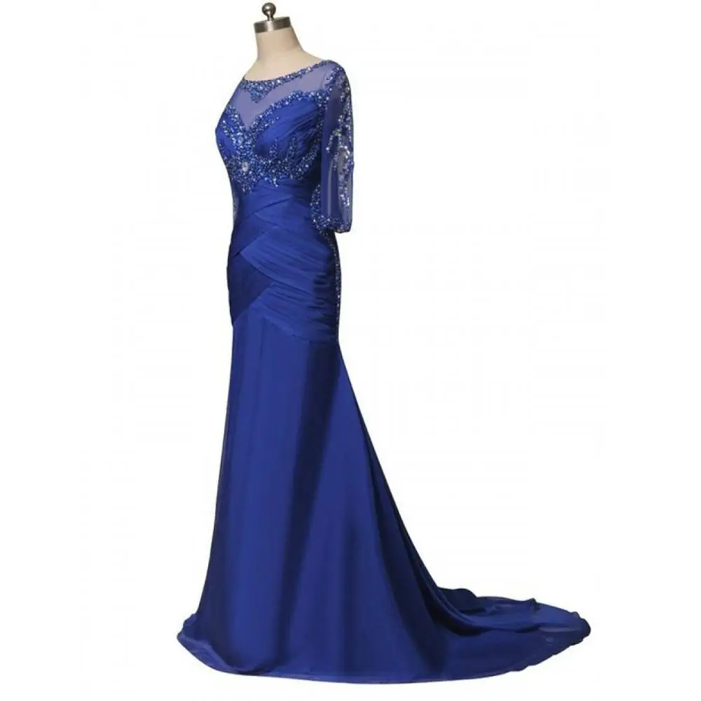 Современные Половина рукава Синий Шифон VestiDos De Fiesta De Madrinas оболочка Иллюзия Бисероплетение крест-накрест костюм платья матери невесты