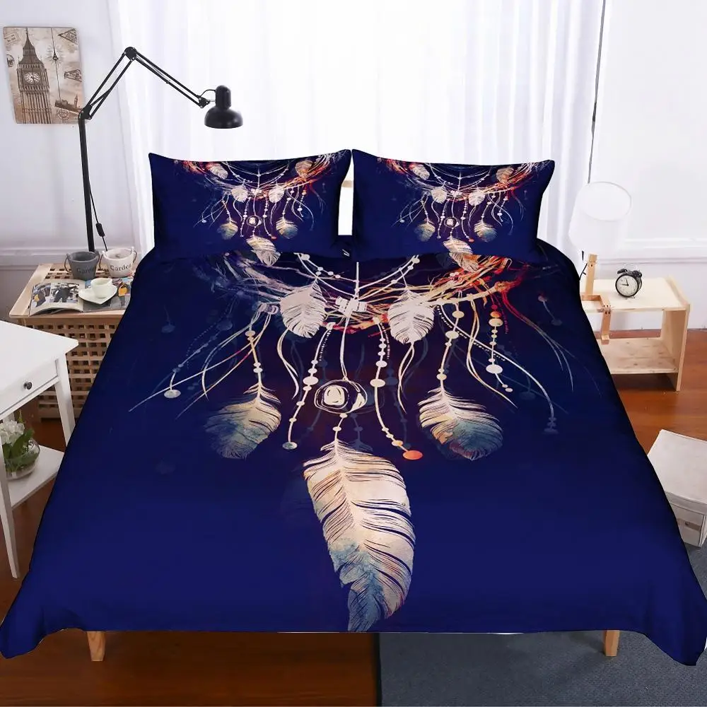 

Dream Catcher Bedding Set Soft Microfiber Pillow Case 3D Leather Print Bed Linens Good Lucky Duvet Cover Black/Blue Background