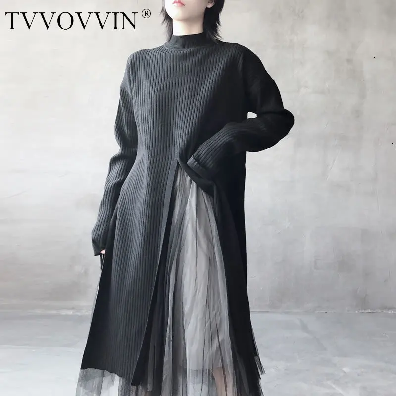 TVVOVVIN, трикотажное Сетчатое платье, женское, с разрезом, элегантный пуловер, длинный,, осень, высокая талия, Бандажное, ТРАПЕЦИЕВИДНОЕ, повседневное, свободное платье, X588