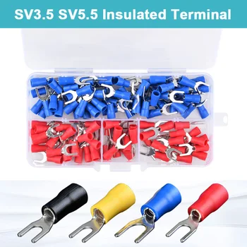 

100PCS SV3.5 SV5.5 Terminal Block Connector Set Fork Insulated Electrical Lug Crimping Wire Cable Trailer Joints AWG22-10 Box