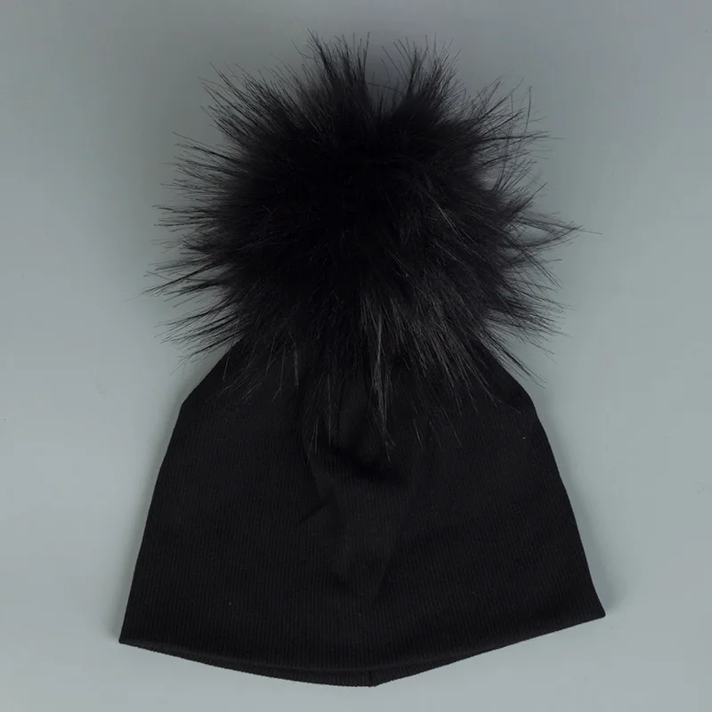 Newborn Baby Boys Girls Cotton Beanies Hats With Big Faux Fur Pompom Solid Cute Girls Hats Cap Hair Accessories - Цвет: 4Black