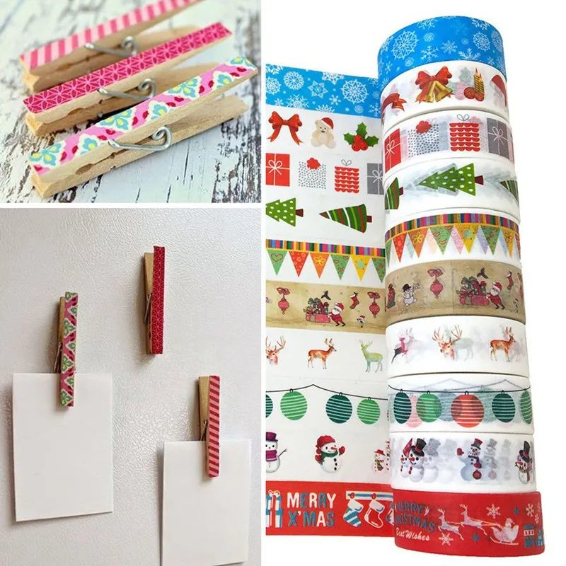 10Pcs Decorative Snow Deer Christmas Tree Washi Tape Set Rice Paper DIY Scrapbooking Adhesive Masking Tape 1.5cm*5m Stationery