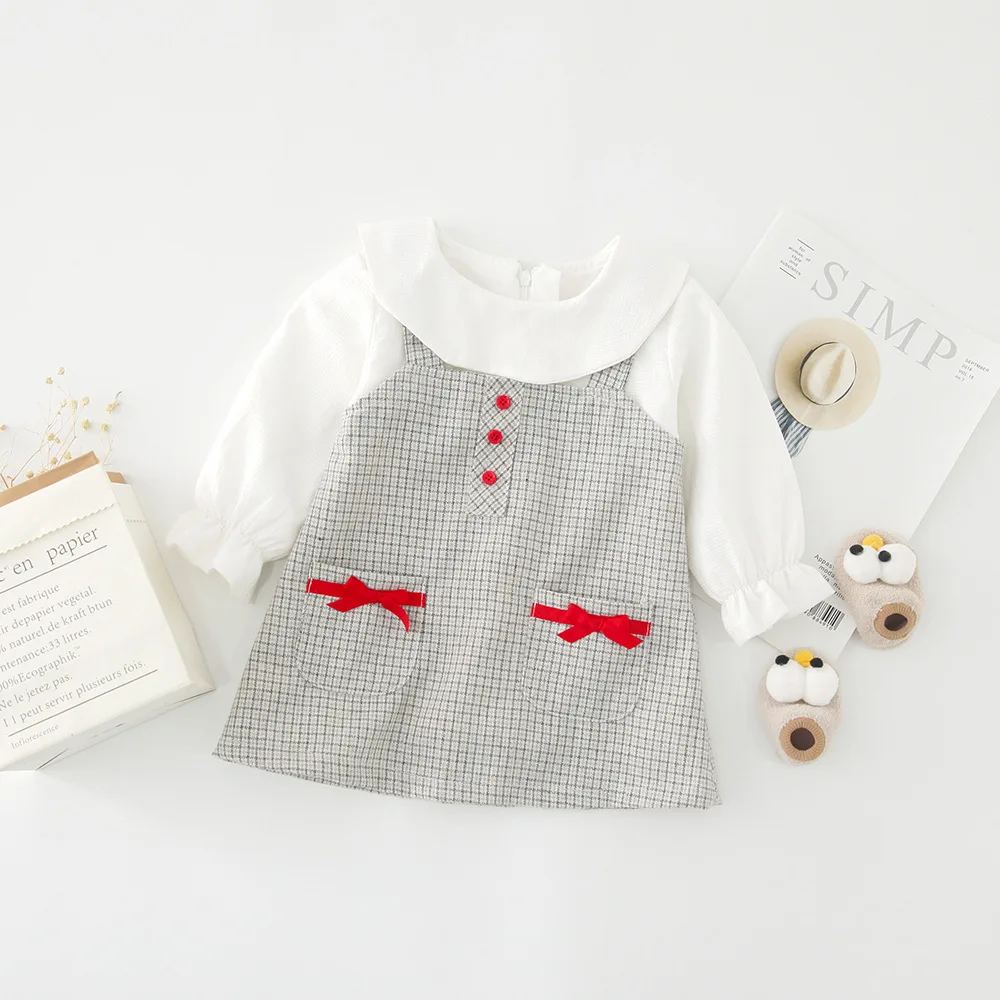 Платье принцессы в клетку с кукольным воротником для маленьких девочек; сезон весна-осень