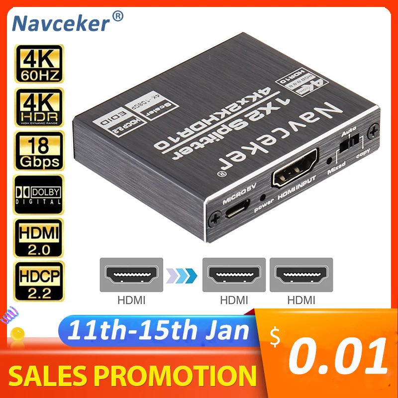 Новый разветвитель 4K 60 Гц HDR HDMI 2 0 1x2 2.0 Поддержка HDCP UHD переключатель коробка для