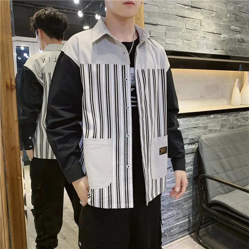 

2019 Work Clothes Long Sleeve Shirt Male Vertical Stripe Pocket Pure Cotton streetwear Single Breasted Japan Style Gray Yellow