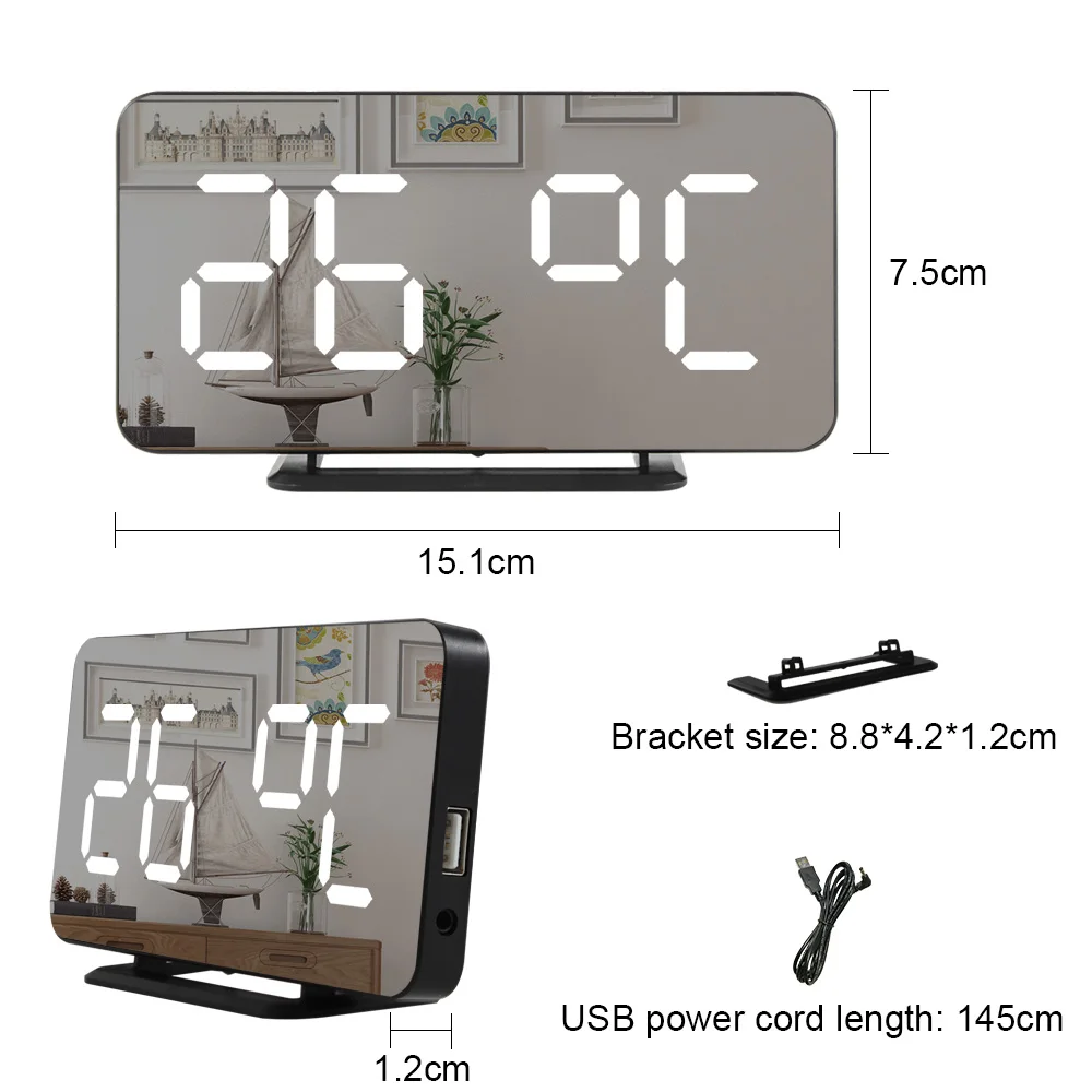 Mirror Digital Alarm Clock LED Electronic Temperature Wall Table Snooze Clocks USB Multifunction Watch Nightlight Home Office