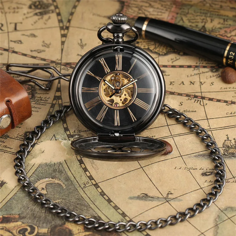 Retro Black Hollow Flower Cover Pocket Watch Mechanical Handwinding Clock Roman Numeral Dial with Pendant Chain for Men Women