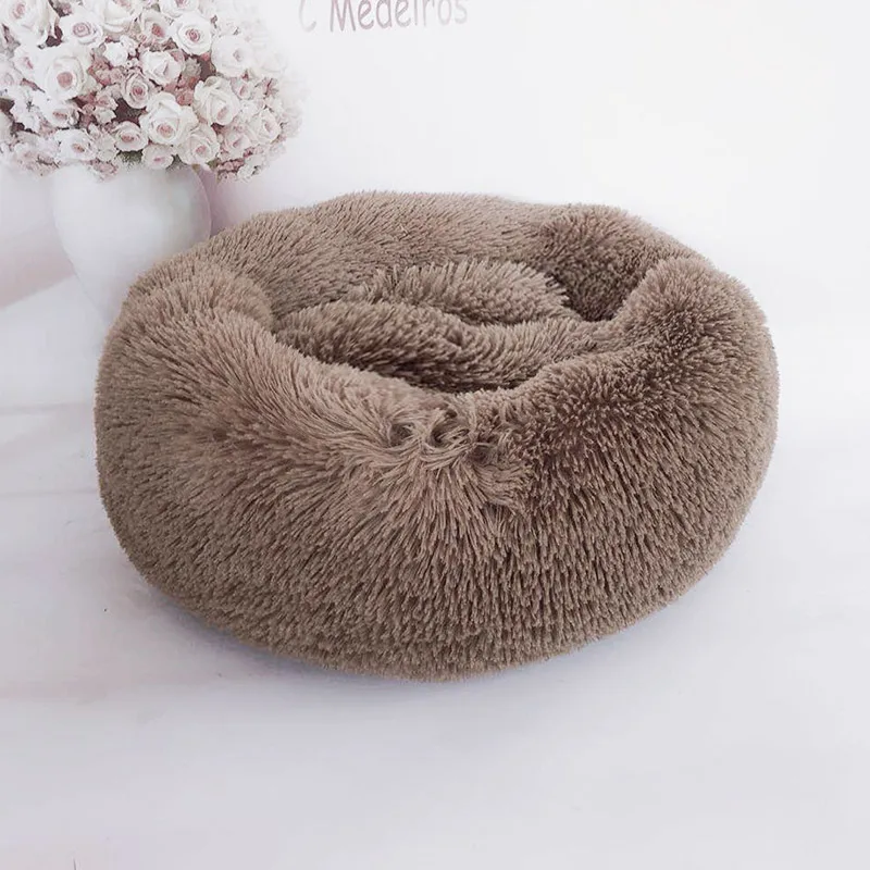 Khaki Круглые плюшевые кошки кровать дом мягкий длинный плюшевый Кот кровать питомник собака кровать подушка щенок котенок коврик гнездо зимняя теплая спальная кровать - Цвет: Khaki